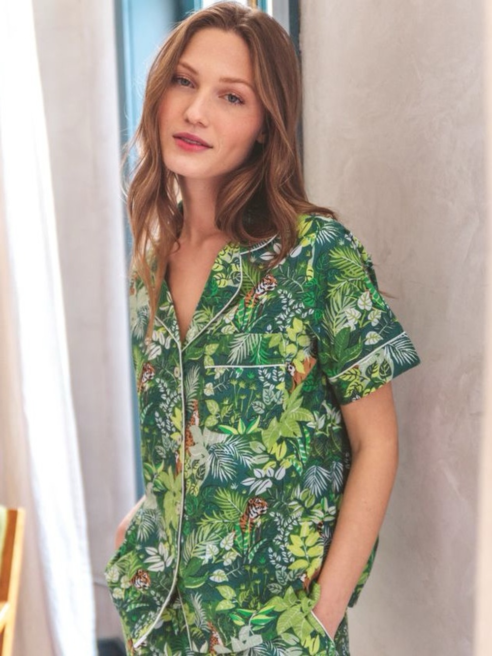 PRINTFRESH Tropical Oasis Short Sleeve Button Down Pajama PJ Top Green Sz 3X